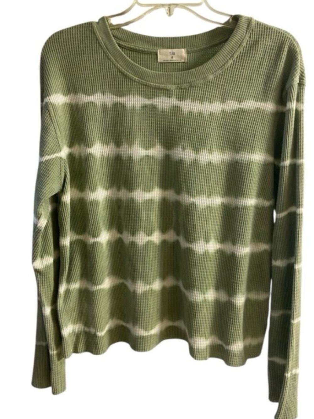 T.La Anthropologie Olive and White Tie-Dye Waffle Long Sleeve Top Medium
